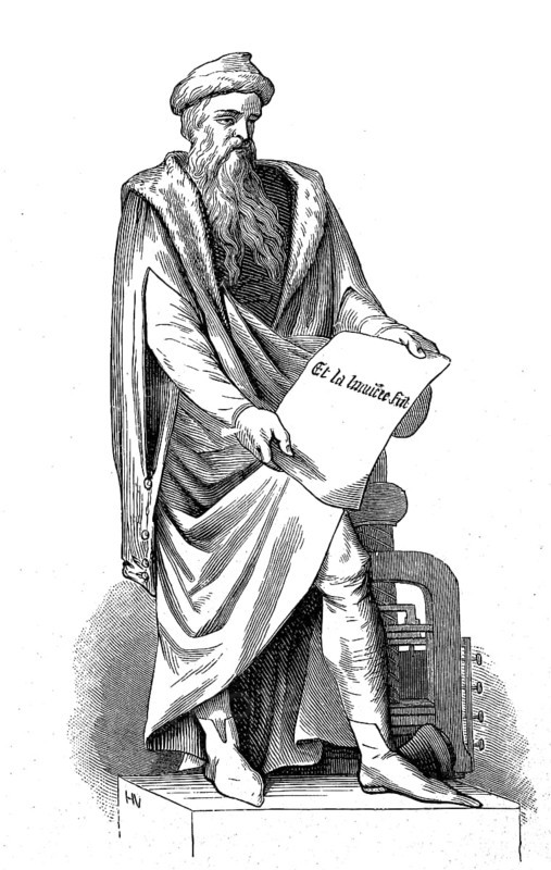 The Gutenberg monument in Strasbourg, Johannes Gensfleisch, called Gutenberg, around 1400, 26 February 1468, inventor of modern letterpress printing, historical, digital reproduction of an original from the 19th century