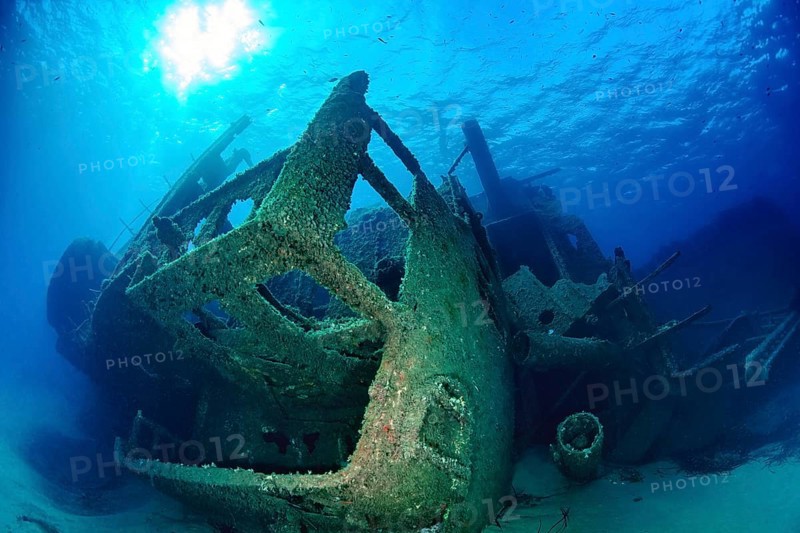 Broken wreck from 1972 sunken sunken ship freighter rusting shipwreck Elviscot lies on starboard side on the seabed at the western tip of Elba, Scoglio dell' Ogliera, Pomonte, Elba, Tuscany, Italy, Europe