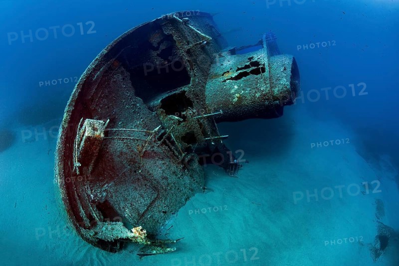 Wreck of 1972 sunken ship freighter decaying rusting shipwreck Elviscot lies on starboard side on the seabed at the western tip of Elba, Scoglio dell' Ogliera, Pomonte, Elba, Tuscany, Italy, Europe