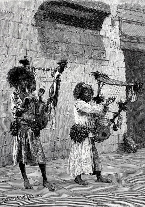 Beggar musicians in Cairo, Egypt, in 1894, Historical, digital reproduction of an original from the 19th century, Africa