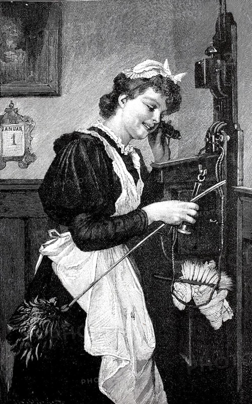 Maid using the telephone on 1 January for a New Year's greeting, illustration from 1895, Germany, Historical, digital reproduction of an original from the 19th century, Europe