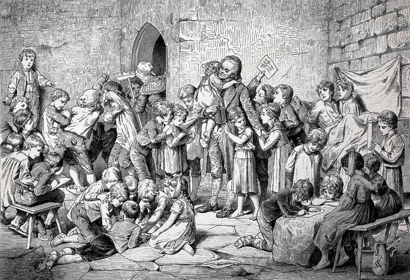 Johann Heinrich Pestalozzi, 12 January 1746, 17 February 1827, a Swiss pedagogue, among the orphans of Midwalden, Switzerland, Illustration from 1896, Historical, digital reproduction of an original from the 19th century, Europe