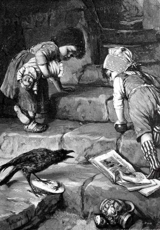 Cheeky raven bird threatens two small children who are on the retreat and are afraid, Illustration from 1895, Germany, Historical, digital reproduction of an original from the 19th century, Europe