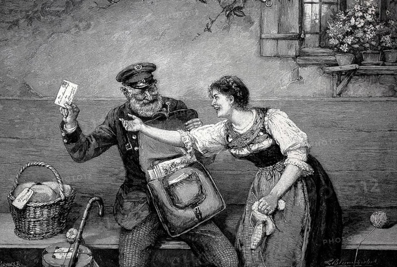 Postman teasing the recipient, who has been waiting a long time for the post, after a painting by L. Blume-Siebert, illustration from 1895, Germany, Historical, digital reproduction of an original from the 19th century, Europe