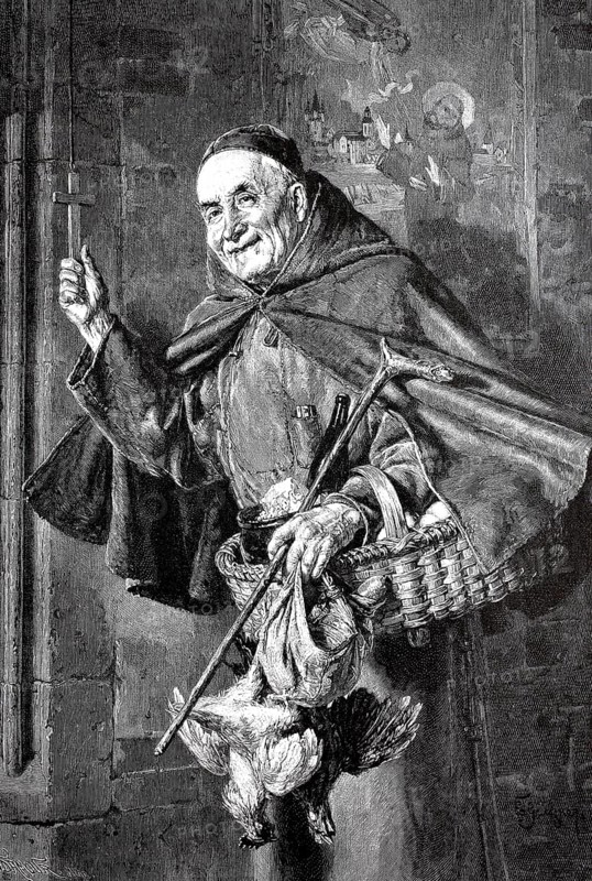 Monastery, monk returning from the market with a shopping basket and chickens, Italy, in 1850, Historical, digital reproduction of an original from the 19th century, Europe