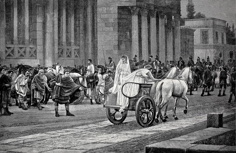 An exit of the great Vestal Virgin, Roman priestess of the goddess Vesta, Rome in the year 350, Italy, Historical, digital reproduction of an original from the 19th century, Europe
