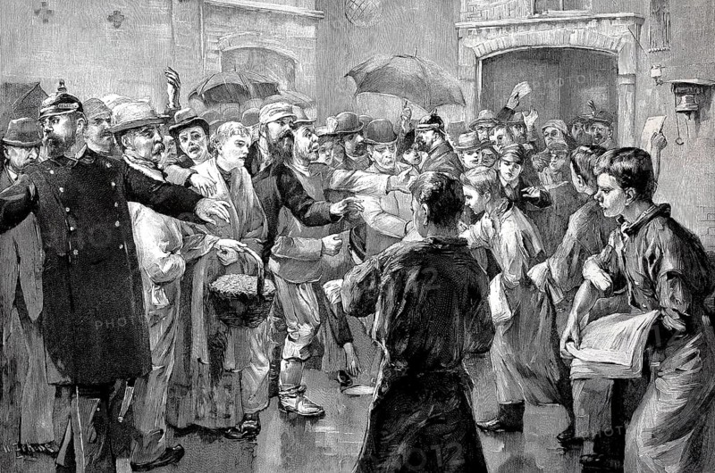 Jobseekers in the courtyard of the Berliner Lokalanzeiger trying to get the first editions of the daily newspaper to look for job offers, Germany, 1880, Historical, digital reproduction of an original from the 19th century, Europe