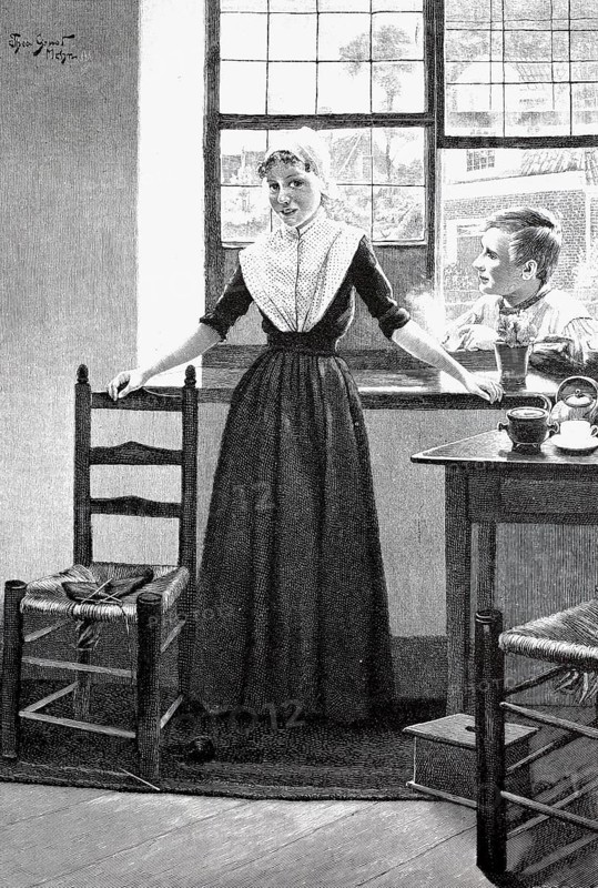 Neighbour's boy talking to the daughter of the house through the open window, Germany, 1890, Historical, digital reproduction of an original from the 19th century, Europe