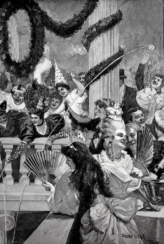 Paper battle, carnival event of the fine people in Berlin, Germany, around 1890, the ladies throw paper snakes at each other, historical, digital reproduction of an original from the 19th century, Europe