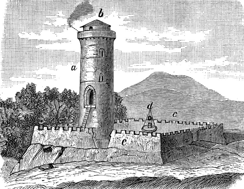 Roman rock fort from the Roman border fortifications in Germany in the 2nd century, with tower, specula with fire signals for signalling and observation, curtain wall and draw well, illustration from 1890, historical, digital reproduction of an original from the 19th century