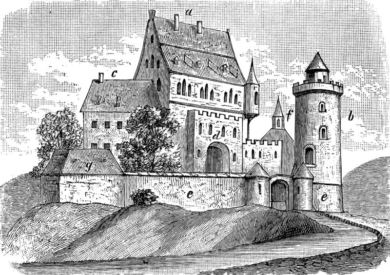 German castle from the 13th century, with palas, keep with dungeon, bower, chapel, gate with drawbridge and enclosing wall, illustration from 1890, historical, digital reproduction of an original from the 19th century