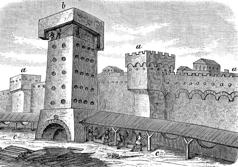 The walls of Massilia, Marseille, France during the siege by the Romans in 49 BC, Illustration from 1890, Historical, digital reproduction of an original from the 19th century