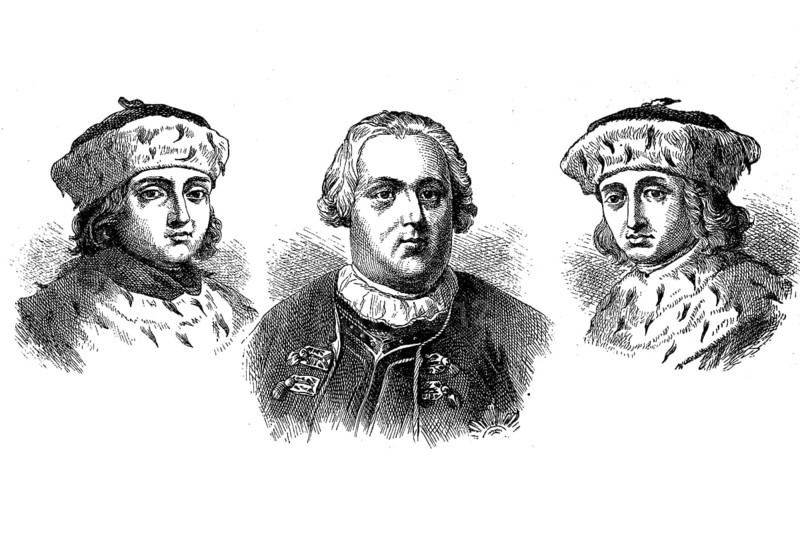 Elector Frederick I (1371-1440), King Frederick William I (1688-1740) and Elector Frederick II (1413-1470), Historical, digital reproduction of an original from the 19th century