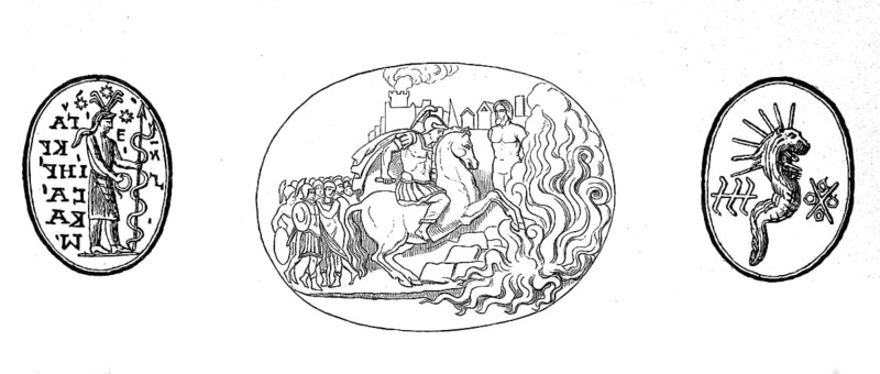 Gems, seal stones, here with depiction of Abraxas (left and right), as well as the sacrificial death of Marcus Curtius, illustration from 1890, historical, digital reproduction of an original from the 19th century