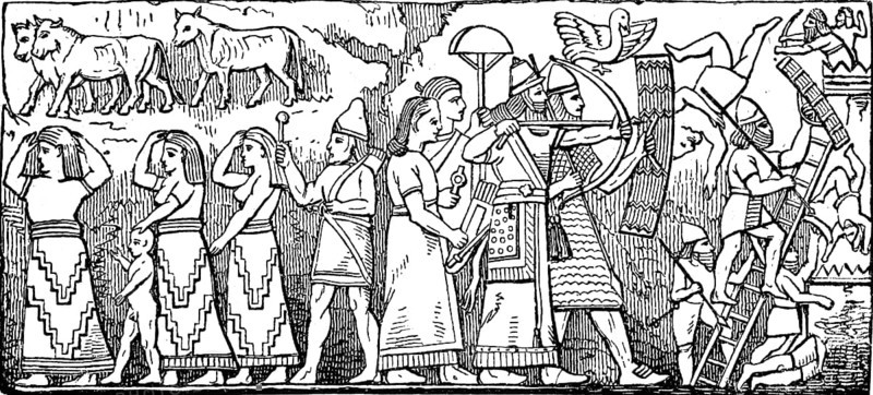 Assyrian warriors taking a fortress and leading the prisoners away, Assyria, Assyrian Empire, ca 800 BC, Illustration from 1890, Historical, digital reproduction of an original from the 19th century