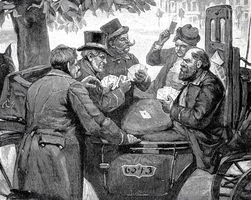 Men playing cards in a carriage, Berlin, 1896, Germany, Historical, digital reproduction of an original from the 19th century, Europe