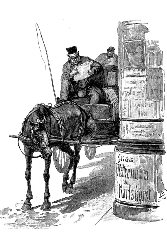 Coachman standing with his carriage next to an advertising pillar and reading a newspaper, Berlin, Germany, in 1890, Historical, digital reproduction of an original from the 19th century, Europe