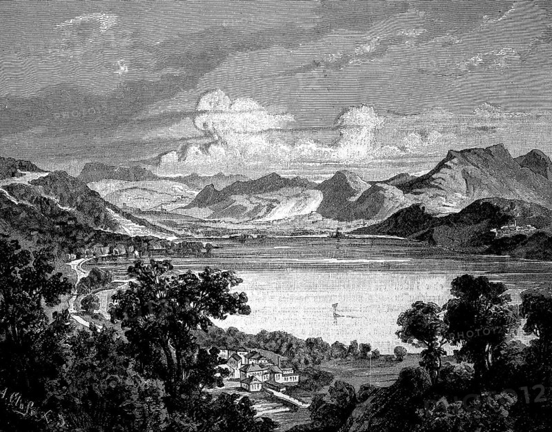 View of Lake Caldonazzo, Lago di Caldonazzo, Province of Trento, Italy, in 1880, Historical, digital reproduction of an original from the 19th century, Europe