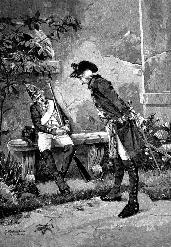 The soldier at his post has fallen asleep and is woken up by his superior, Prussia, 1880, Historical, digital reproduction of an original from the 19th century