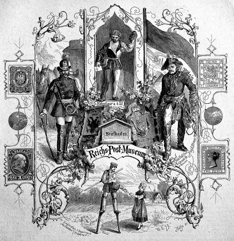 The Reichspostmuseum in Berlin with historical stamps and costumes, Illustration from 1890, Germany, Historical, digital reproduction of an original from the 19th century, Europe