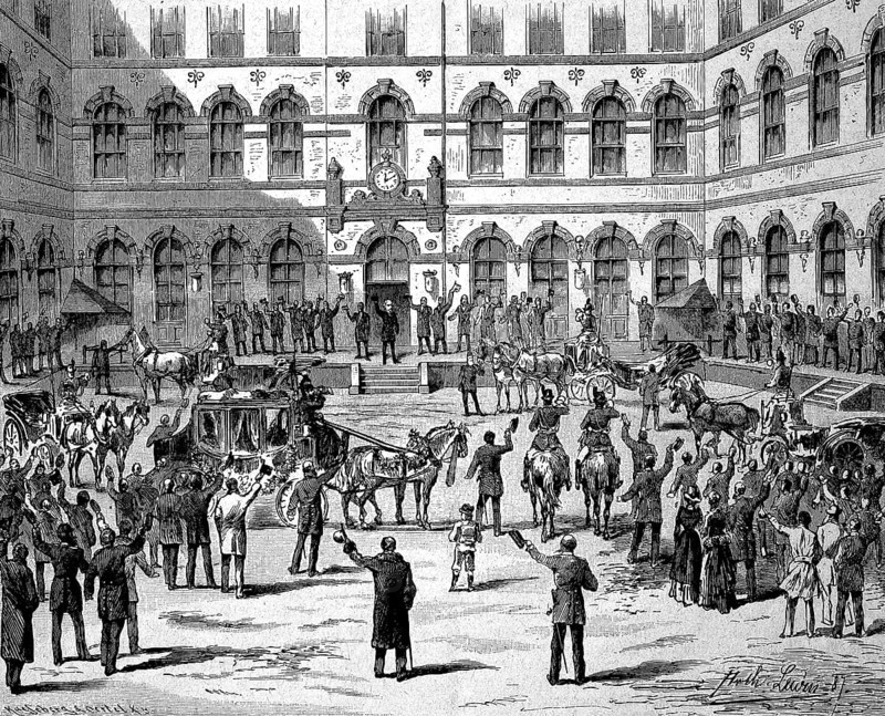 The last passenger stagecoach in Breslau, on 1 December 1886, was then replaced by the railway, Germany, Historical, digital reproduction of an original from the 19th century, Europe
