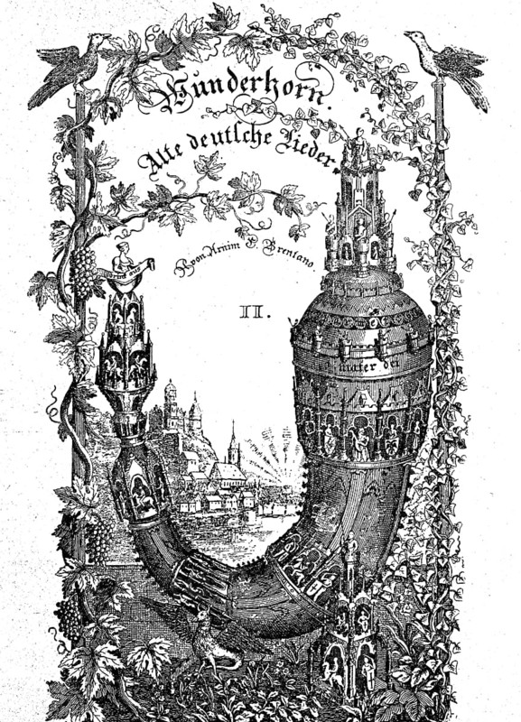The jubilant Wunderhorn, cover picture of a German song collection from 1808, historical, digital reproduction of an original from the 19th century