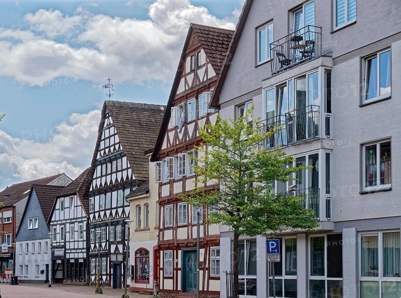 Half-timbered houses on Halbmondstrasse in the centre of Holzminden. Weserbergland, Lower Saxony, Germany, Europe