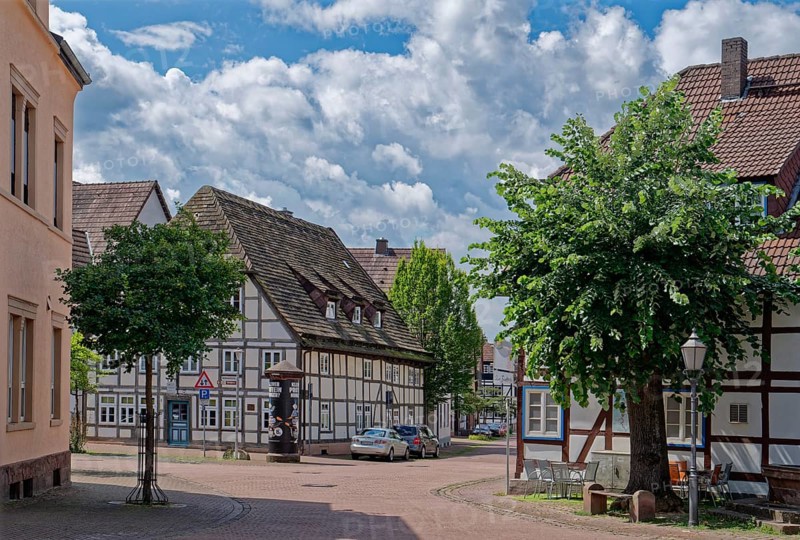 Half-timbered houses on Halbmondstrasse in the centre of Holzminden. Weserbergland, Lower Saxony, Germany, Europe