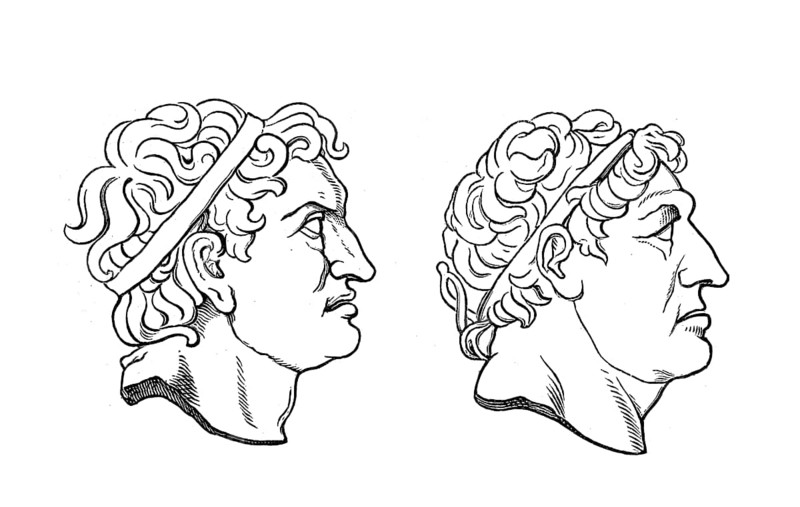 Attalus I, 269 BC - 197 BC and Attalus II Philadelphus, 220 BC - 138 BC, Kings of Pergamon, illustration after coins, from 1880, Historical, historical, digital reproduction of an original from the 19th century