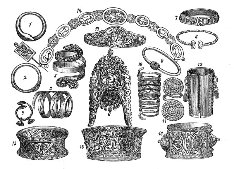 Arm jewellery, Egyptian (1), Roman (2-5), Celtic (7-13), Band of Diana of Poitiers (14), Spanish (15), Venetian (16), Renaissance style (17), Historical, digital reproduction of an original from the 19th century