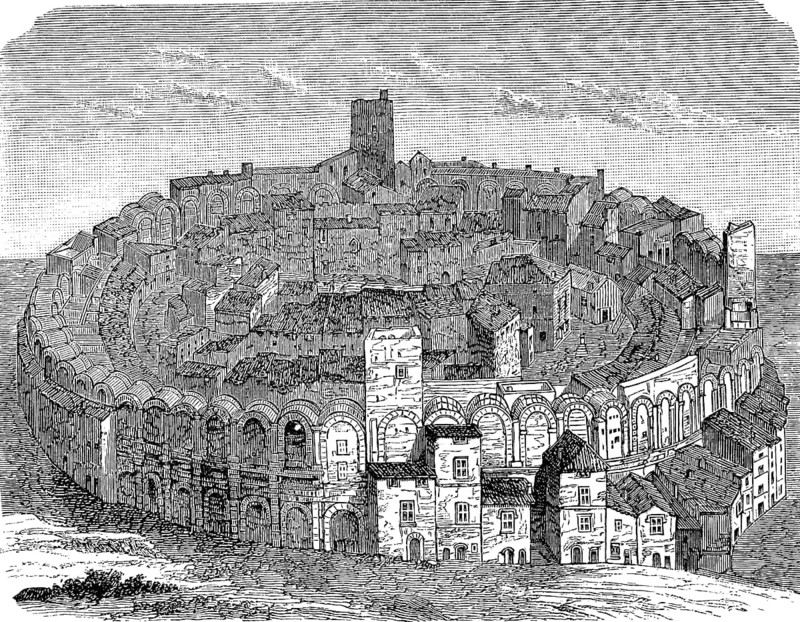The amphitheatre, arena at Arles in France in 1890, historical, digital reproduction of an original from the 19th century