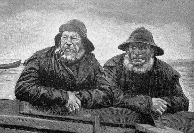 Closing time, two fishermen returning to the harbour, France, 1890, Historical, digital reproduction of an original from the 19th century, Europe