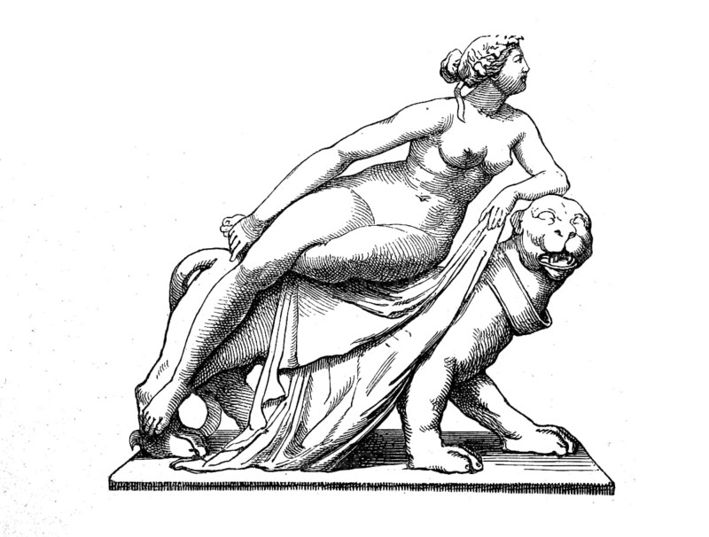Ariadne, the most holy, Ariadna, Arianna, in Greek mythology the daughter of the Cretan king Minos and his wife Pasiphaë, a daughter of the sun god Helios, here on the panther, Historical, digital reproduction of an original from the 19th century