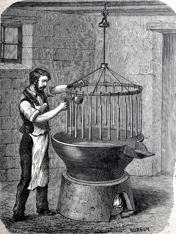 Old method of candle making, candle maker, candle making around 1880, historical, digital reproduction of an original from the 19th century
