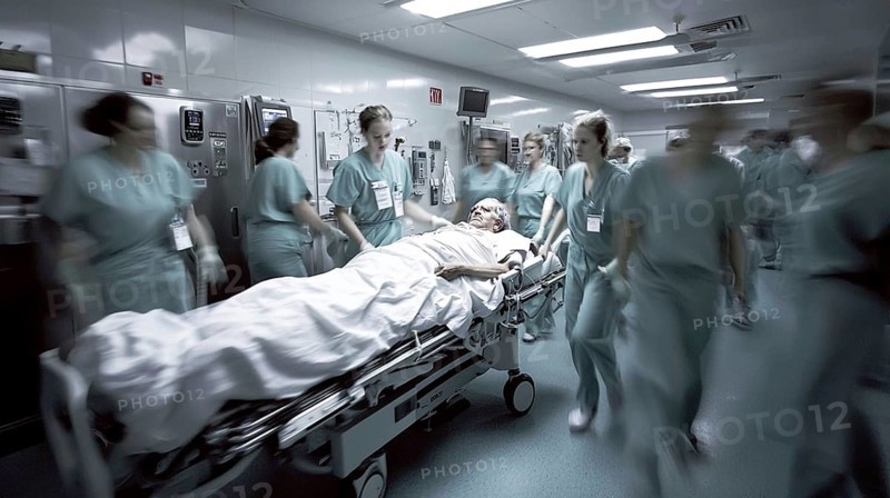 A busy hospital scene with medical personnel transporting a patient on a gurney, indicating an urgent situation, AI generated
