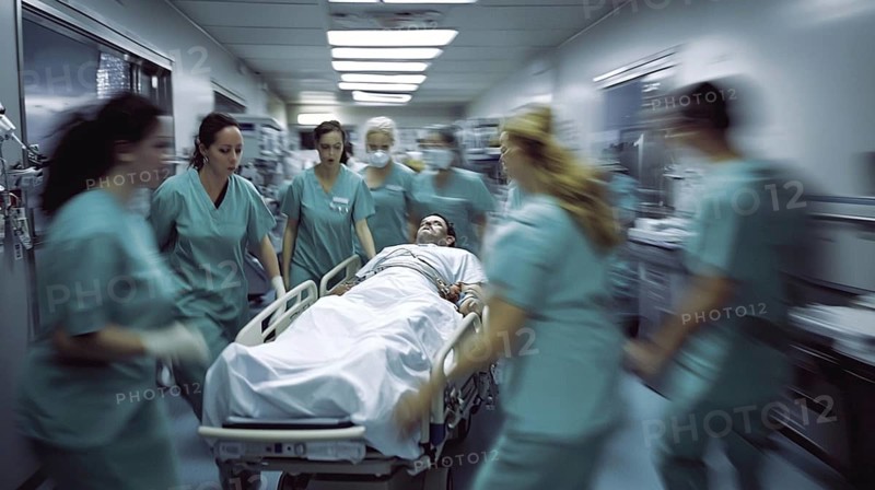 Emergency medical staff rapidly transport a patient on a gurney through a hospital hallway, portraying urgency, AI generated