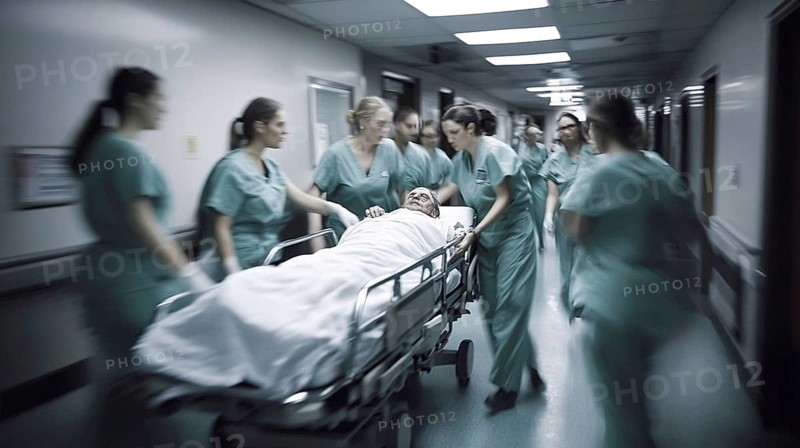 Medical staff hurry along a hospital corridor with a patient on a gurney, emphasizing an emergency situation, AI generated