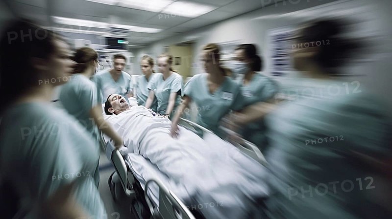 Medical team rushing a patient on a stretcher through a hospital corridor, conveying urgency and anxiety, AI generated
