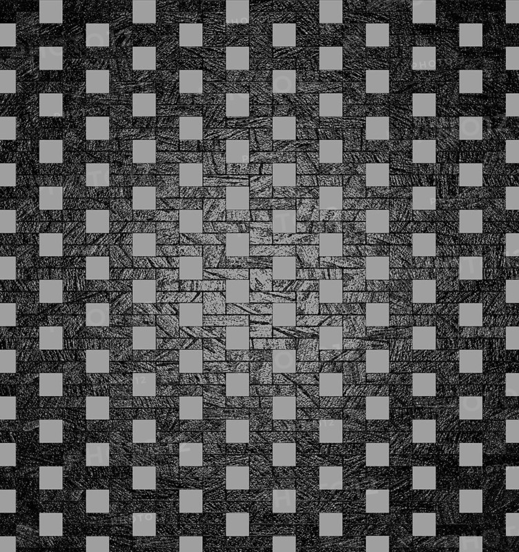 An optical illusion of gray squares on a black textured background creating a grid pattern