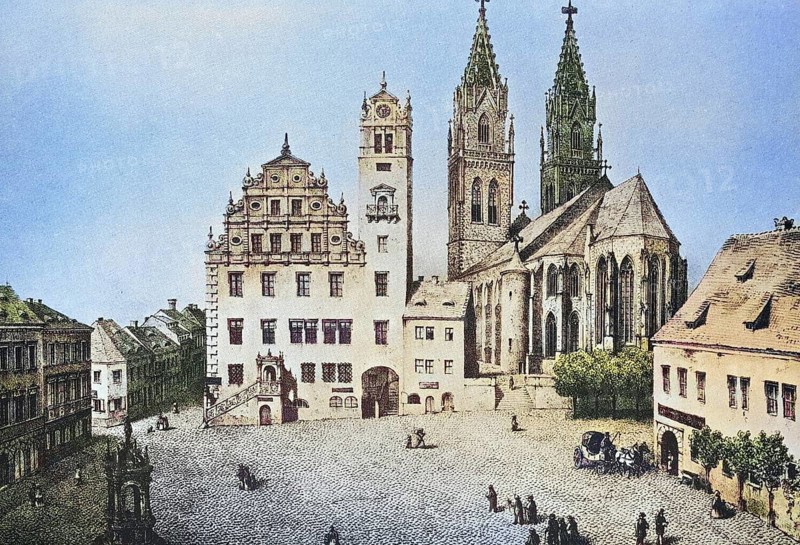 Historical view, 19th century, of the town of Oschatz, Saxony, Germany, digitally restored reproduction from a 19th century original, Record date not stated, Europe