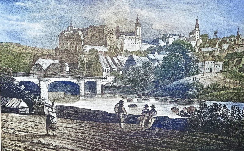 Historical view, 19th century, of the town of Colditz, Saxony, Germany, digitally restored reproduction from a 19th century original, Record date not stated, Europe