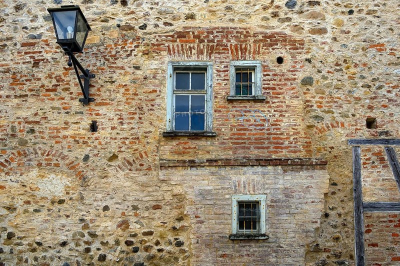 Upper town wall, brick wall with windows and wooden beams, Isny, Baden-Württemberg, Germany, Europe
