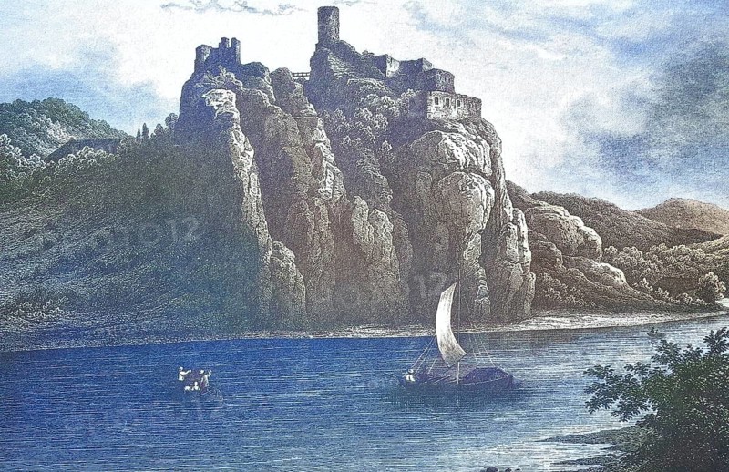 Historical view, 19th century, of Schreckenstein Castle, formerly Bohemia, Germany, today Strekov Castle, Czech Republic, digitally restored reproduction from a 19th century original, Record date not stated, Europe