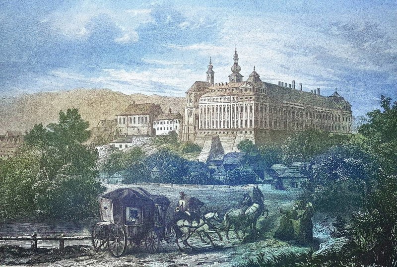 Historical view, 19th century, of the town and monastery of Braunau, formerly Silesia, Germany, today Broumov, Czech Republic, digitally restored reproduction from a 19th century original, Record date not stated, Europe