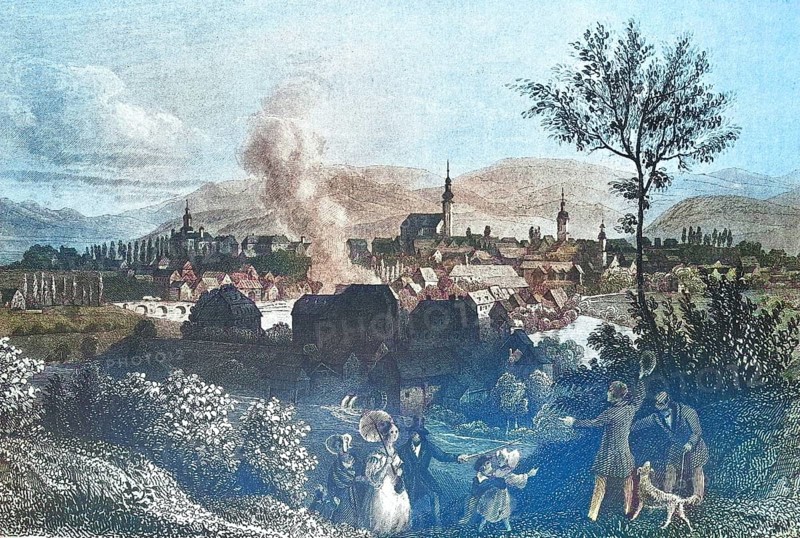 Historical view, 19th century, of the town of Hirschberg, formerly Silesia, Germany, today Jelenia Gora, Poland, digitally restored reproduction from a 19th century original, Record date not stated, Europe