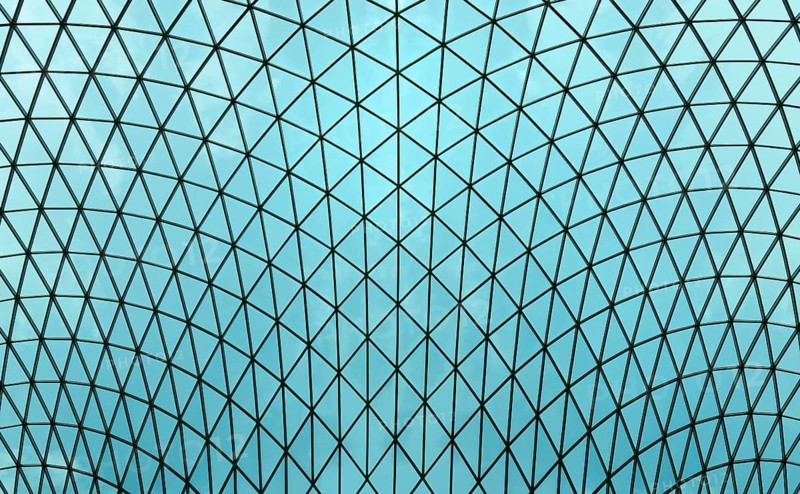 Interior view of the glass lattice roof over the great court in The British Museum, London, England, United Kingdom, Europe
