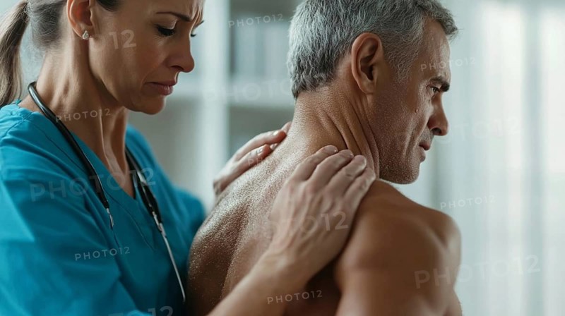 A medical professional attending to a patient's back, with a look of concern and focus on proper care, AI generated