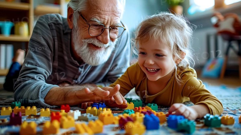 Grandfather and granddaughter smiling while playing with colorful lego blocks on the floor, creating a joyful atmosphere, AI generated