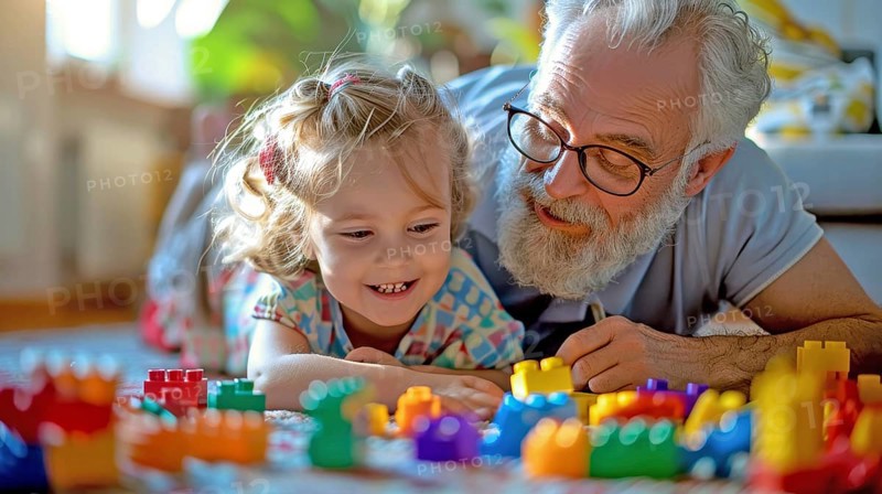 Grandfather and granddaughter playing with lego blocks on the floor, sharing smiles and enjoying quality time together, AI generated