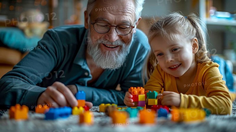Grandfather and granddaughter happily building with lego blocks on the carpet in a comfortable living room, AI generated